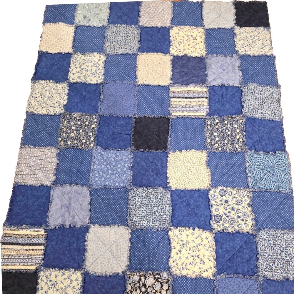 Handmade Blue Rag Quilt Throw Blanket Floral Patchwork Cottage Farmhouse 60x47 - Picture 6 of 9